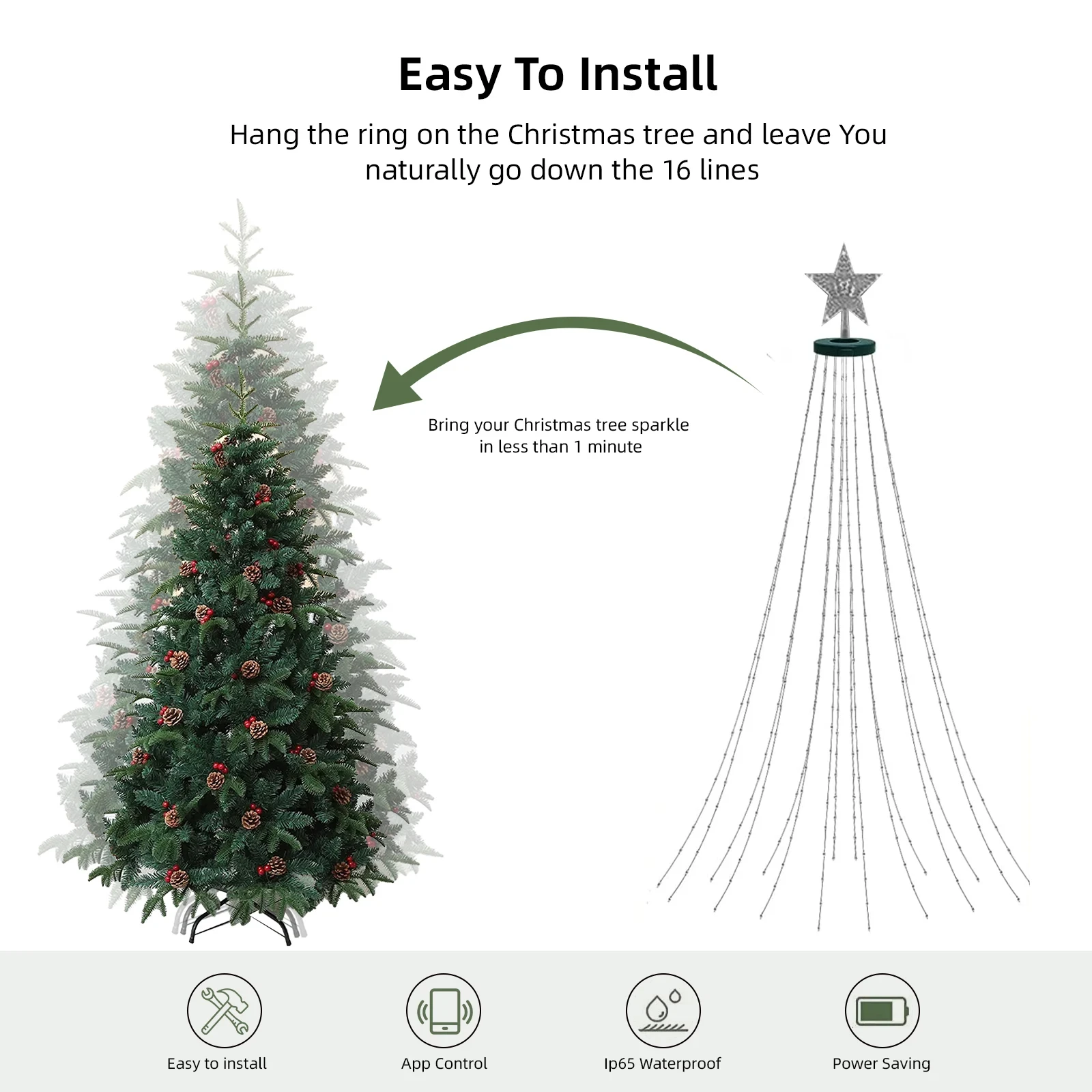 Christmas tree decoration with LED fairy light strings controlled Bluetooth APP smart DIY pattern lights, Christmas tree garland