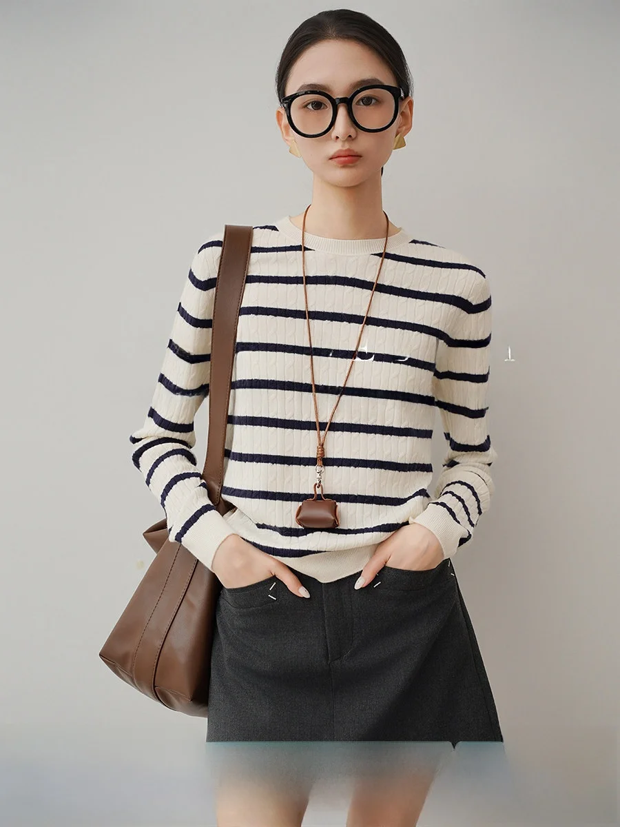 

Achu Clean Ele Women's Knitted Sweater round Ne Soft Cozy Stripe Pattern Casual Sle Inner Wear Outer Wear Top