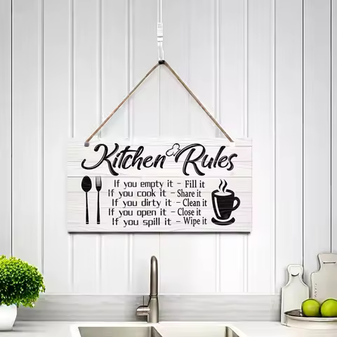 1pc "Kitchen Rules" wooden wall decoration hanging sign, lightweight and easy to hang, suitable for kitchen and home decoration