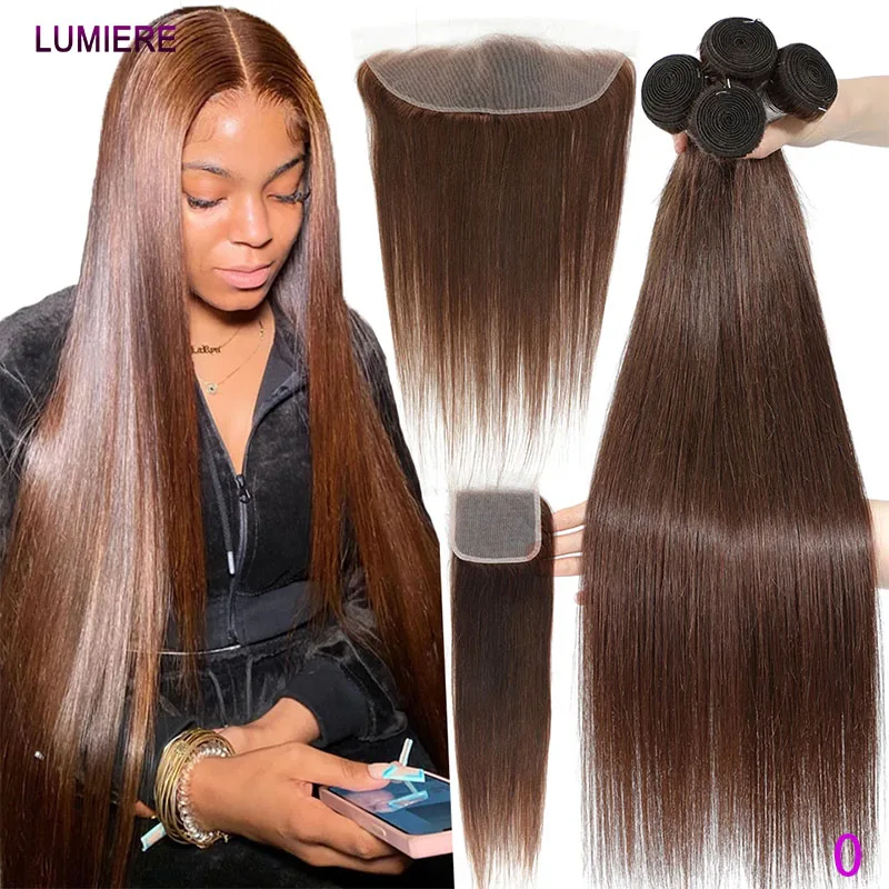 # 4er-Pack Dunkelbraunes Glattes Echthaar-Tressen-Set mit Verschluss, HD Transparente Spitze, Ombre-Bündel mit Frontal