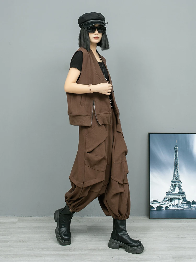 Personalized Fashion Pant Set Women 2024 Autumn V-neck Cardigan Sleeveless Vest + Wide Leg Pleated Lantern Pants LX2455