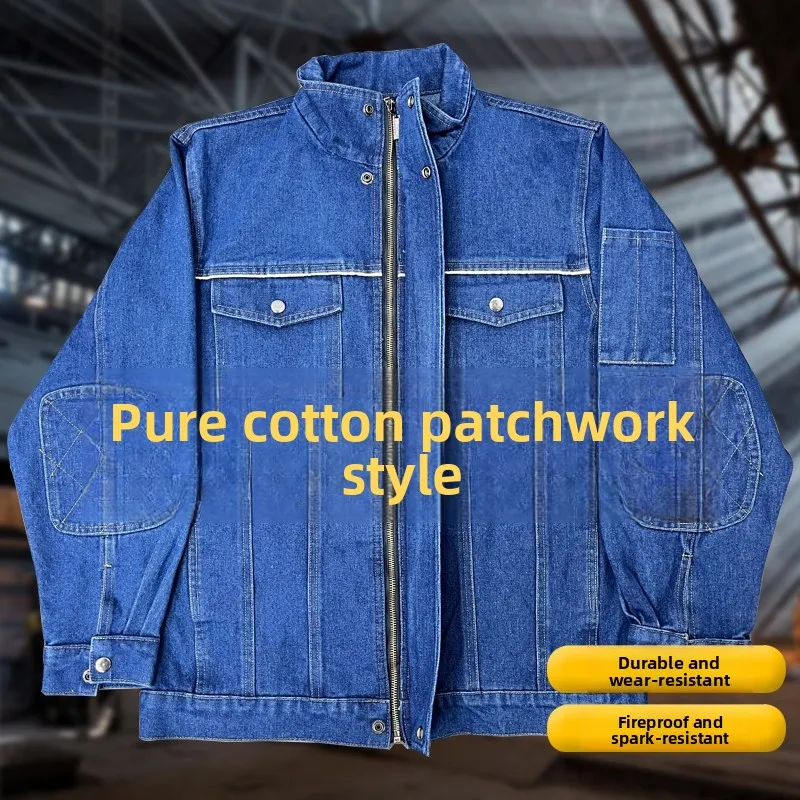 Thiened Pure Cotton Workwear Set for Men with Patches And Reinforcements ian And W Protective Clothing Anti-Sc...