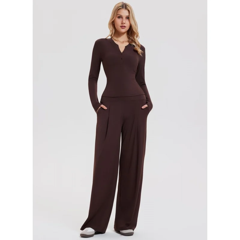 SharpStar 2 Piece Matching Lounge Sets for Women Long Sleeve Henley Top with High Waist Wide Leg Pants Travel Casual Outfits