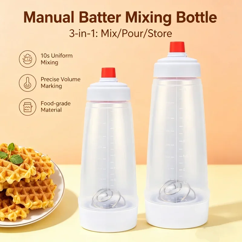 Pancake Batter Mixing Bottle with Scale Squeeze Batter Dispenser Hand Shaker with Whisk Ball  Grade for Waffle Crepe Baking