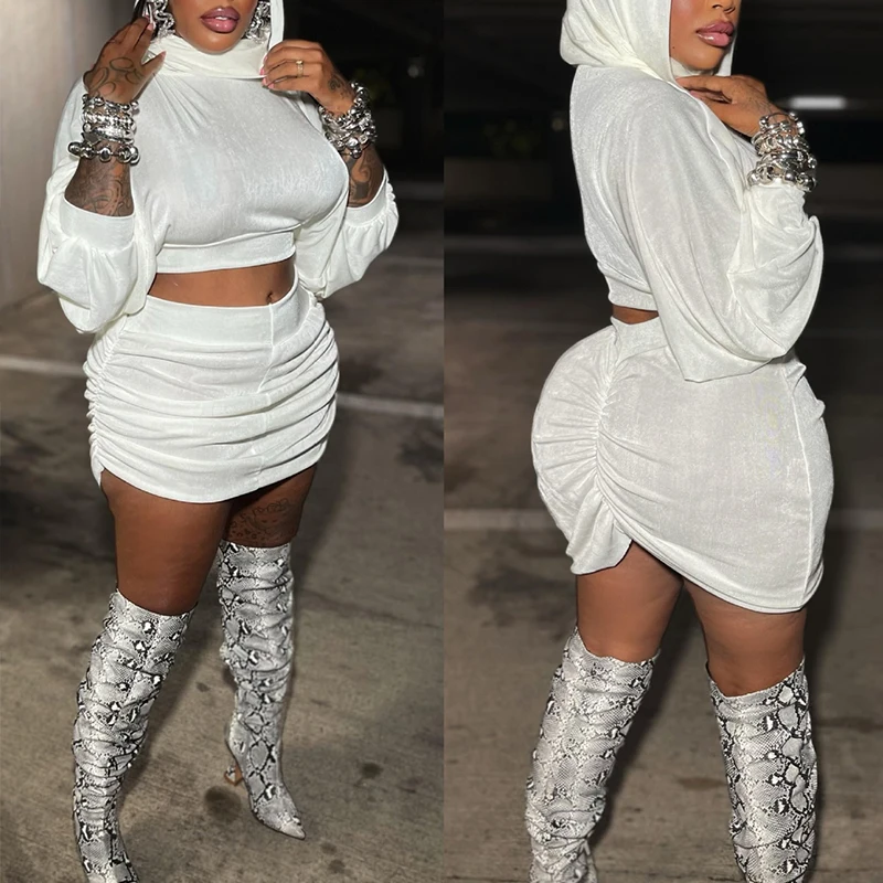 

BKLD High Street Hipster 2025 белый комплект, женские укороченные топы с капюшоном и пышными рукавами + юбки с рюшами и запахом на бедрах, сексуальный модный наряд Y2K