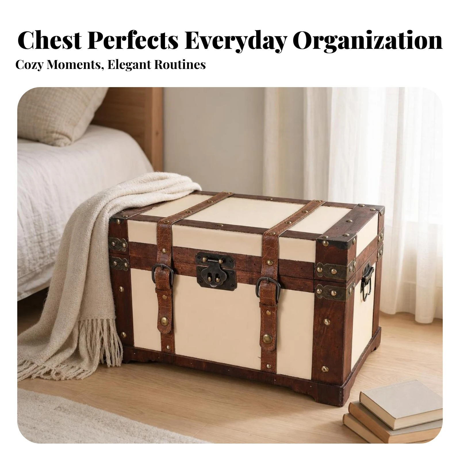 Storage Trunk Rustic Storage Trunk with Latch Wooden Chest Portable Furniture Leather for Decorators, Home Organization