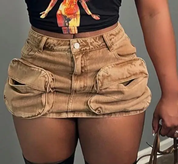 

Women's Vintage & Rustic Workwear Skirts with Pockets Female Clothes High Street Style Personalized Female Sexy Slim Mini Skirts