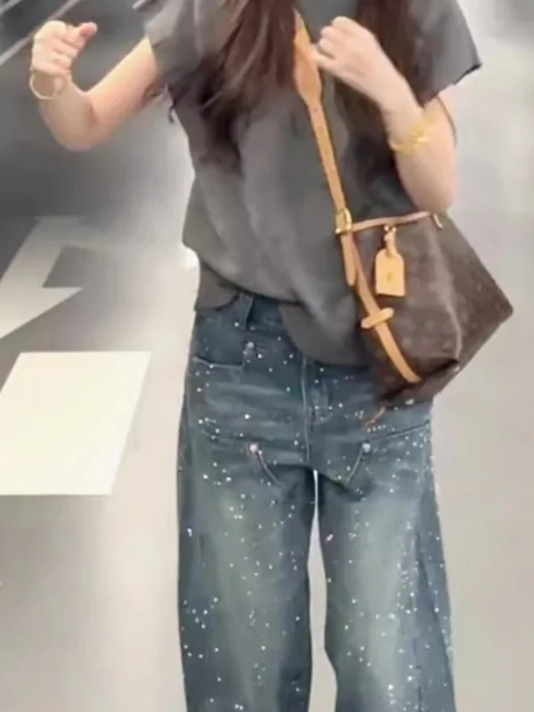 Injet lantejoulas embelezadas pesadas du denim jeans feminino casual perna larga até o chão calças de cintura alta perna reta jeans