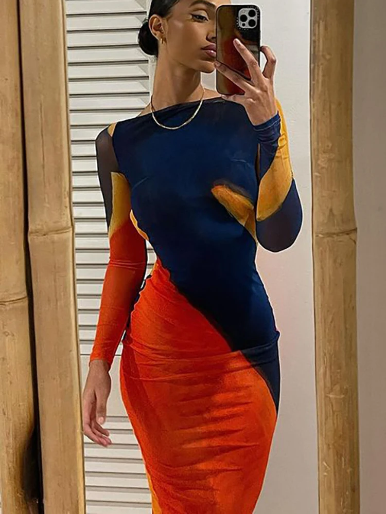 Sexy Backless Maxi Dress Fashion Print Long Sleeve Bodycon Party Dress Beach Outfits   New Summer Evening Club Dress
