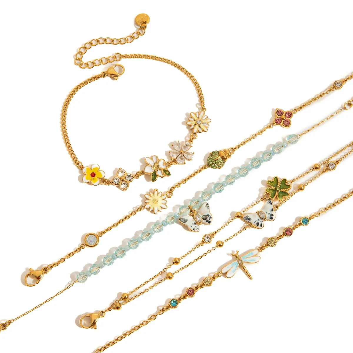 

Lovely Flower Butterfly Dragonfly Charm Bracelet For Women 18K Gold PVD Plated Stainless Steel Bracelet Fashion Jewelry