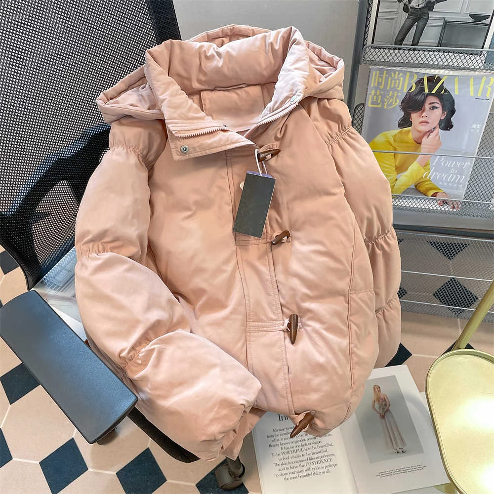 

Pink Hooded Cotton-padded Coats Women Winter New Horn Button Loose Thick Warm Short Jackets Simple All-matched Female Tops