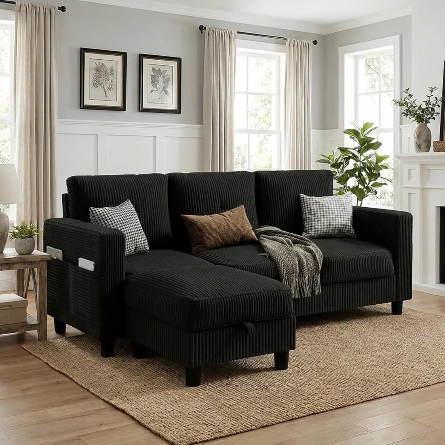 #Convertible Sectional Sofa with Storage Ottoman, 77” L-Shaped 3-Seat Couch with Skin-Friendly Corduroy Fabric,, Customized