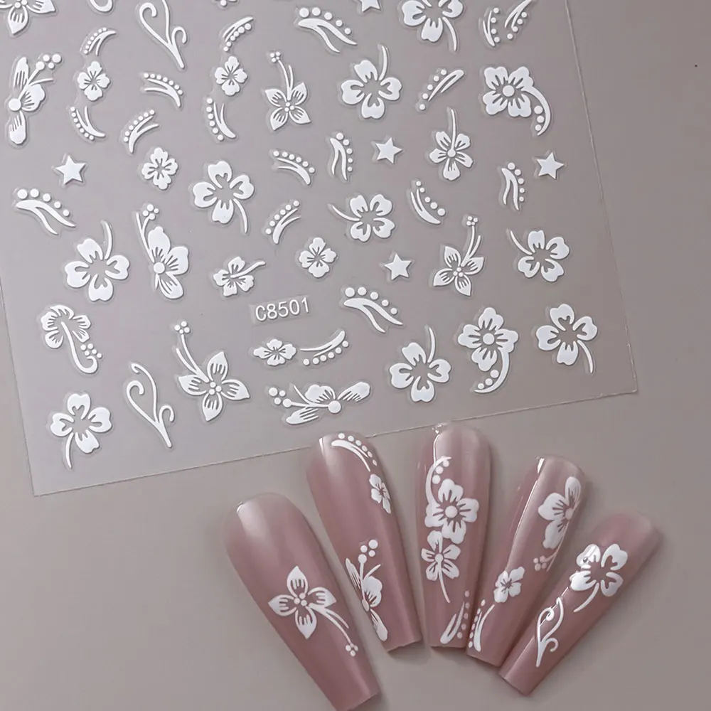 8Colors 3D White Pink Gold Hibiscus Nail Stickers Cherry Blossom Hawaiian Floral Nail Decals Self-Adhesive Flowers Nail Supplies