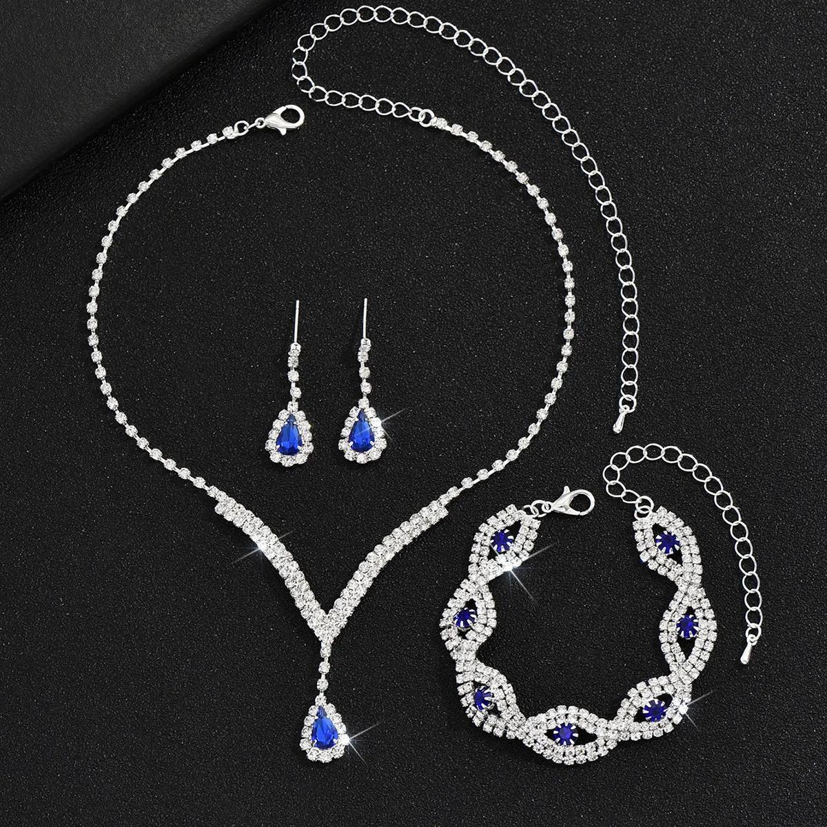 3 Pcs Luxury Rhinestone Bride Jewelry Set for Women Black Water Drop Crystal Earrings Wedding V Necklace Eye Bracelet Fashion- image 5