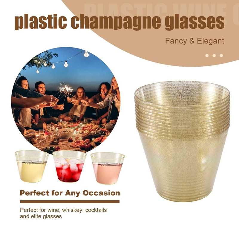 Golden Plastic Cup Disposable Water Cup Golden Powder 90OZ Juice Cup Dessert Cup Mousse Cup Wedding Tableware Decoration