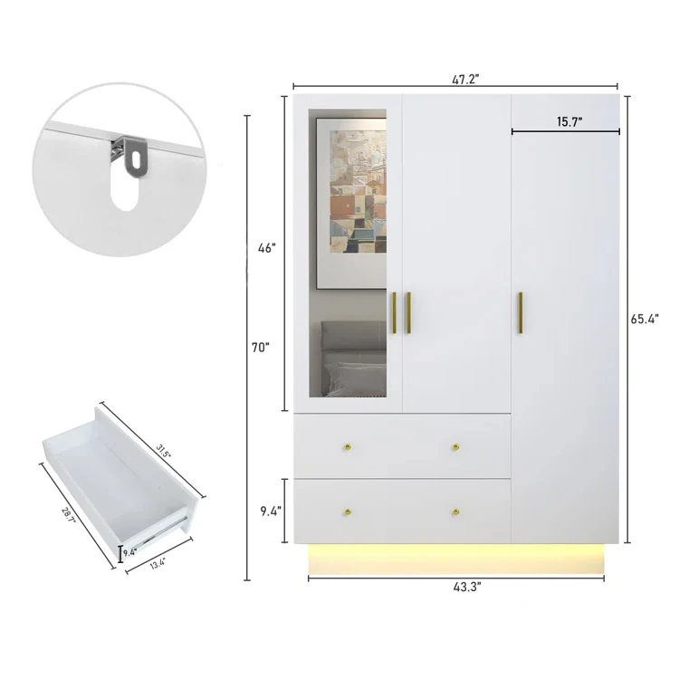 ZWhite Wooden Adjustable Led Lights 3 Doors Armoire Couple Closet Storage Wardrobe With MirrorZ