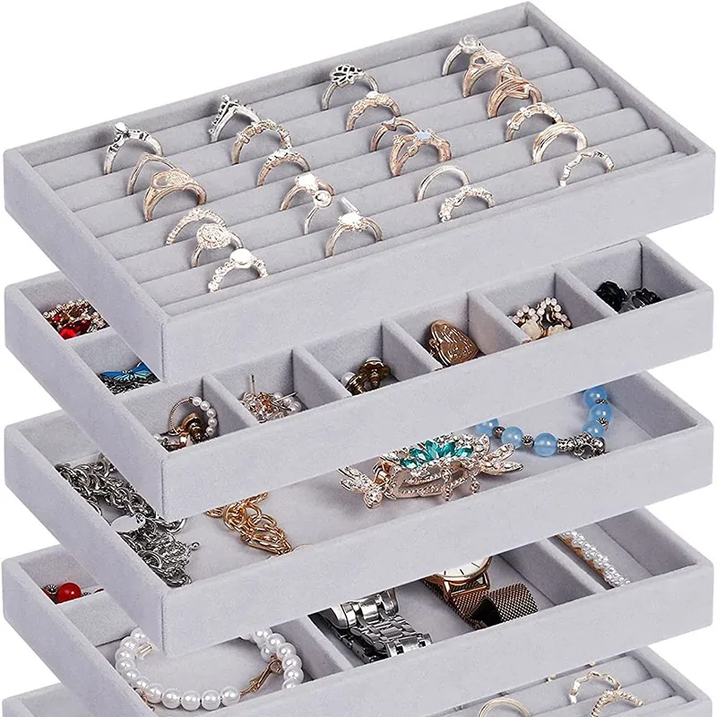 Hard Velvet Stackable Multiple Shapes Tray Case Jewelry Display Storage Box Portable Ring Earrings Holder Necklace Organizer Box