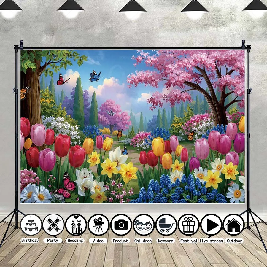 

MOON.QG Dreamy Spring Landscape Background Photography Garden Floral Trees Mountains Backdrop Women Photo Booth Accessories