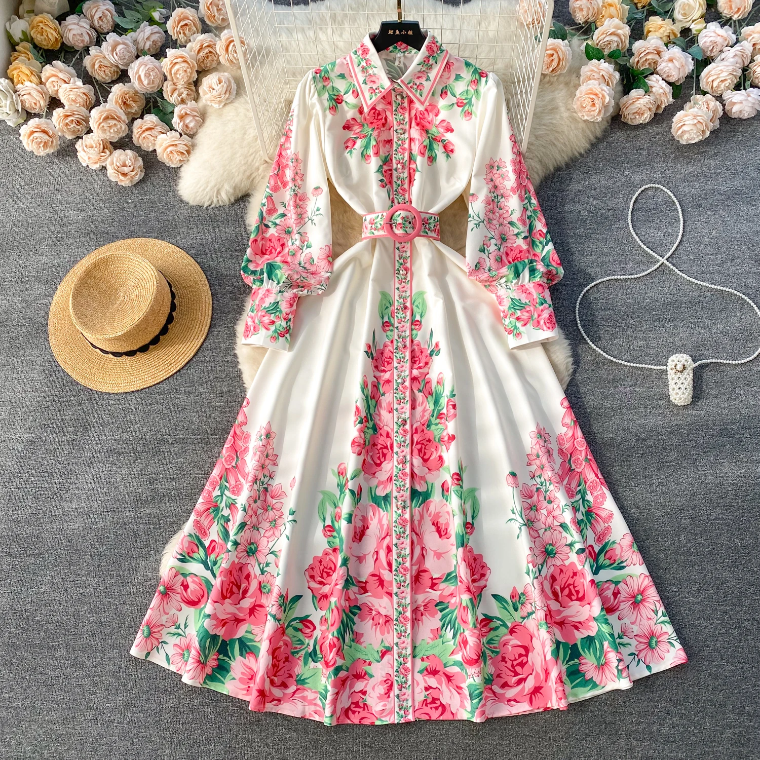 French Vintage Lapel Print Lantern Long Sleeves Single Breasted Dress Casual Women Fashion Autumn Dress