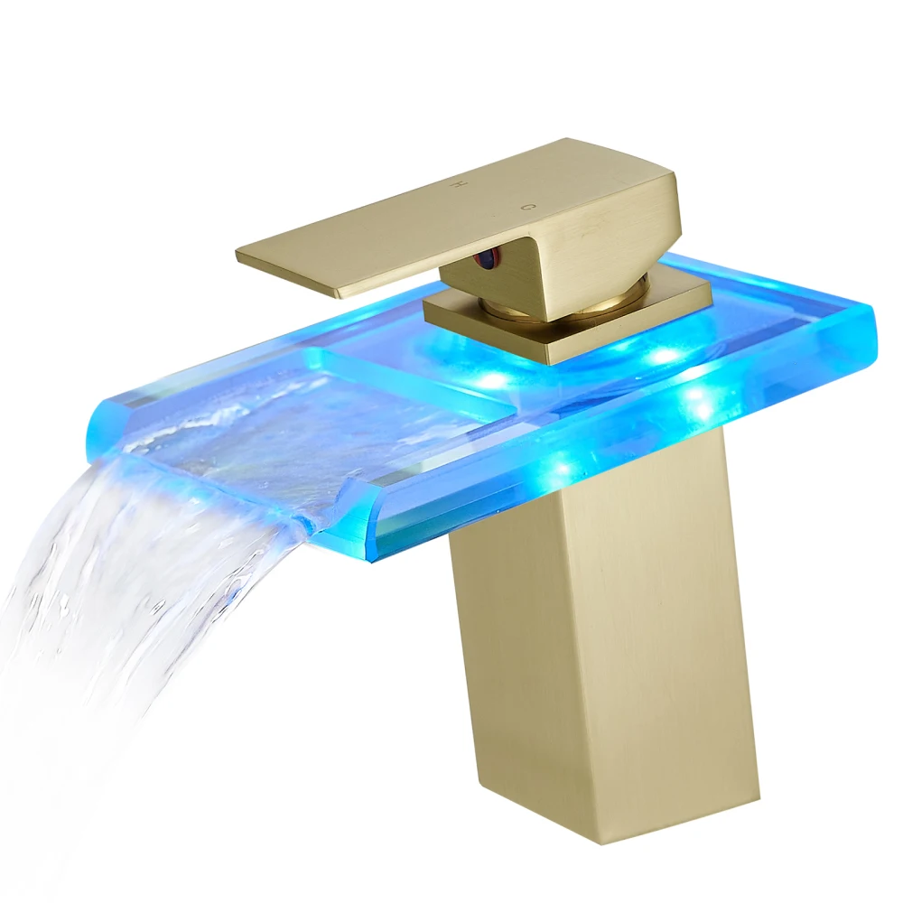 Bathroom Sink Faucet LED Light 3 Colors Changing Waterfall Glass Spout Hot Cold Water Mixer Single Handle One Hole Deck Mounted