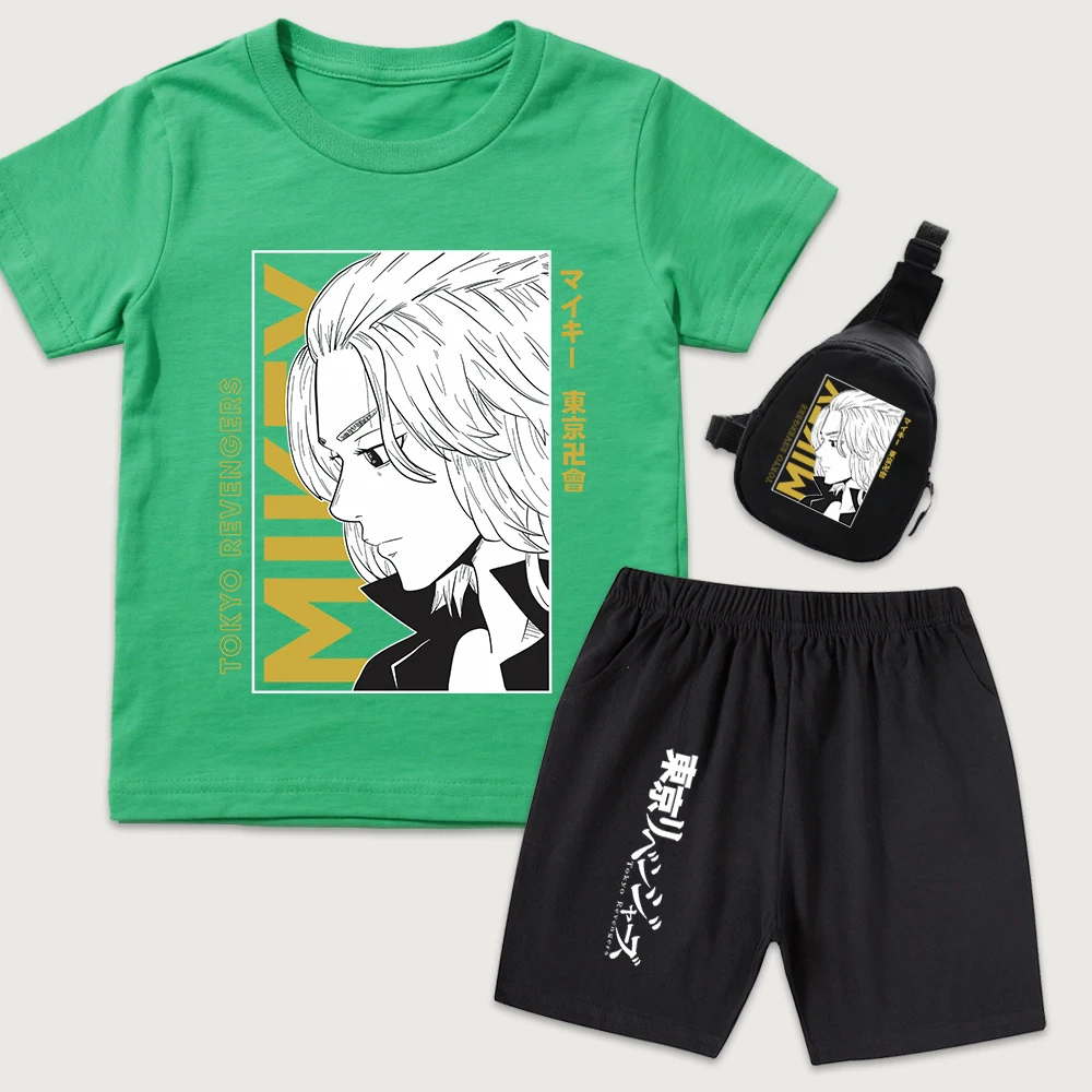 Tokyo Revengers Mikey Anime Print Kids Cotton T Shirt Shorts Mini Chest Bag 3 Piece Set for Boys Girls Casual Summer Outfit