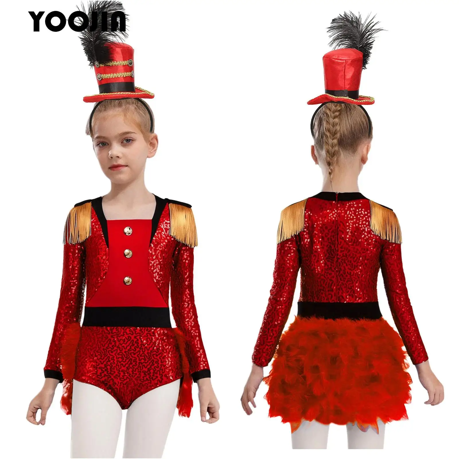 

Kids Girls Circus Magician Costume Halloween Sequins Bodysuit Outfits for Ringmaster Lion Tamer Drummer Marching Band Dress Up