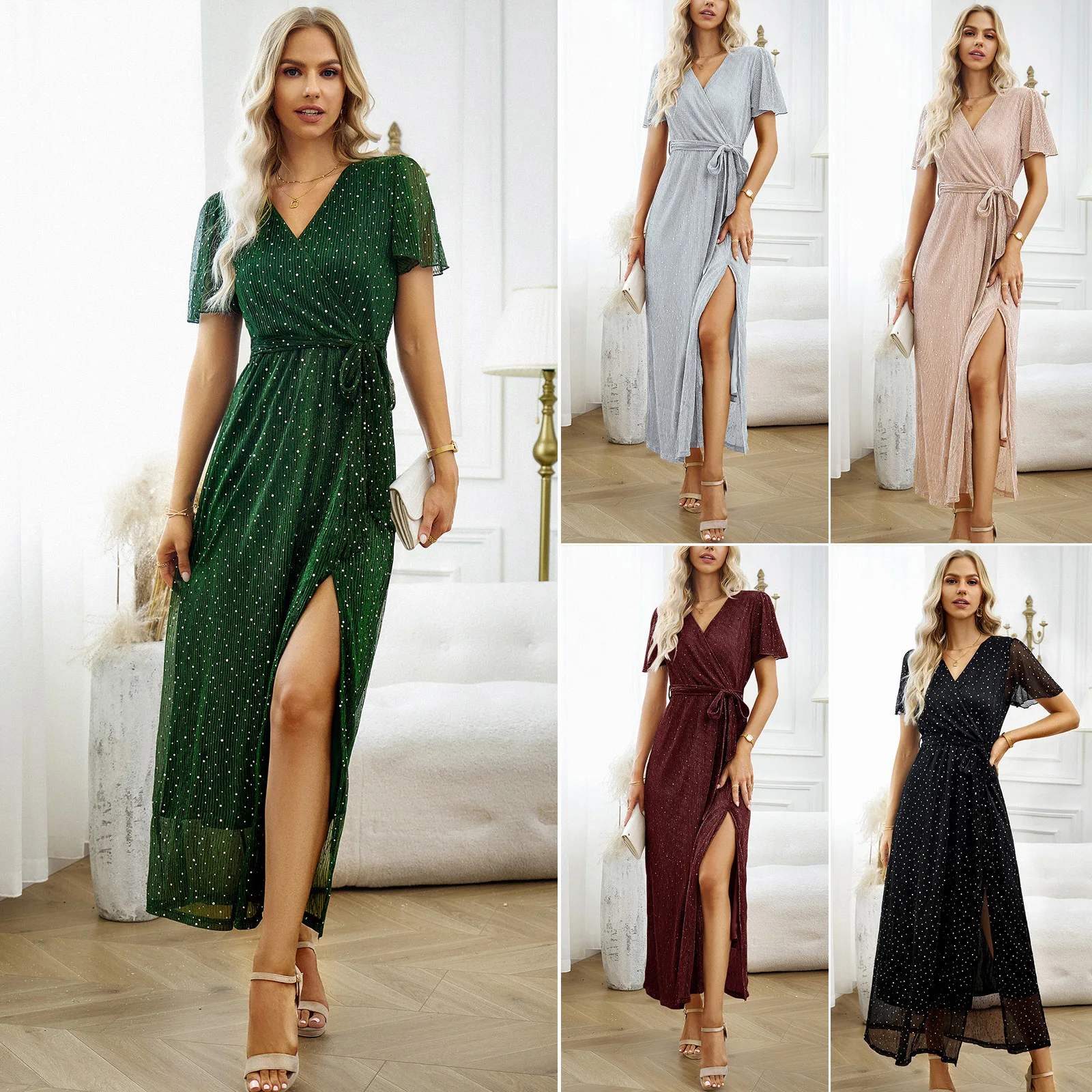 

2025 Summer Temperament Elegant V-neck Long Dress Skirt