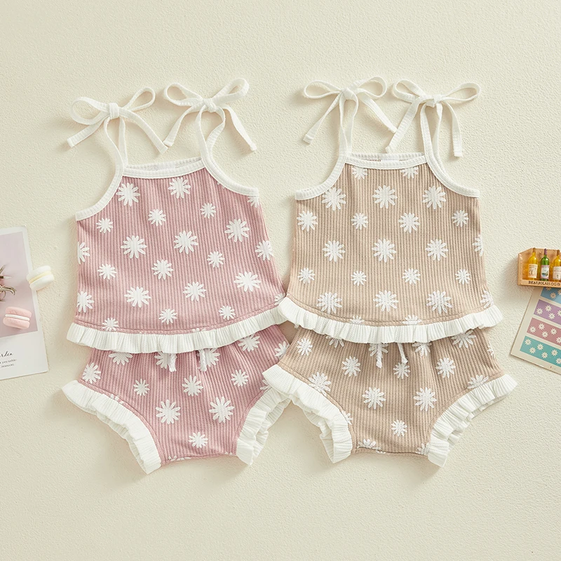 

2023-12-07 Lioraitiin 0-18M Newborn Baby Girl Clothes Set Waffle Floral Tops+Ruffles Shorts Infant Girl Clothing Outfits