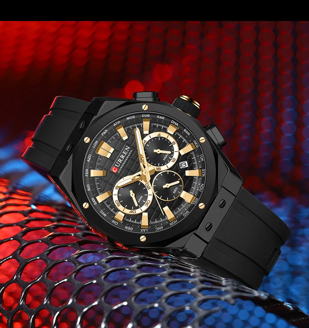 CURREN Luxusmarke Hochwertige Chronograph-Leuchtuhren für Herren mit Silikonarmband, Lässige Sportliche Wasserdichte Quarz-Armbanduhr – Detail 13
