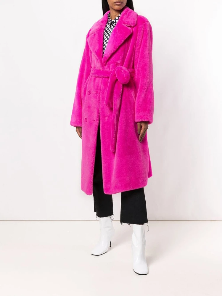 Silod Long Faux Fur Coat Notched Collar Leopard Fluffy Overcoat with Belt Slim Plush Coats Winter Stylish Women's Furry Jackets
