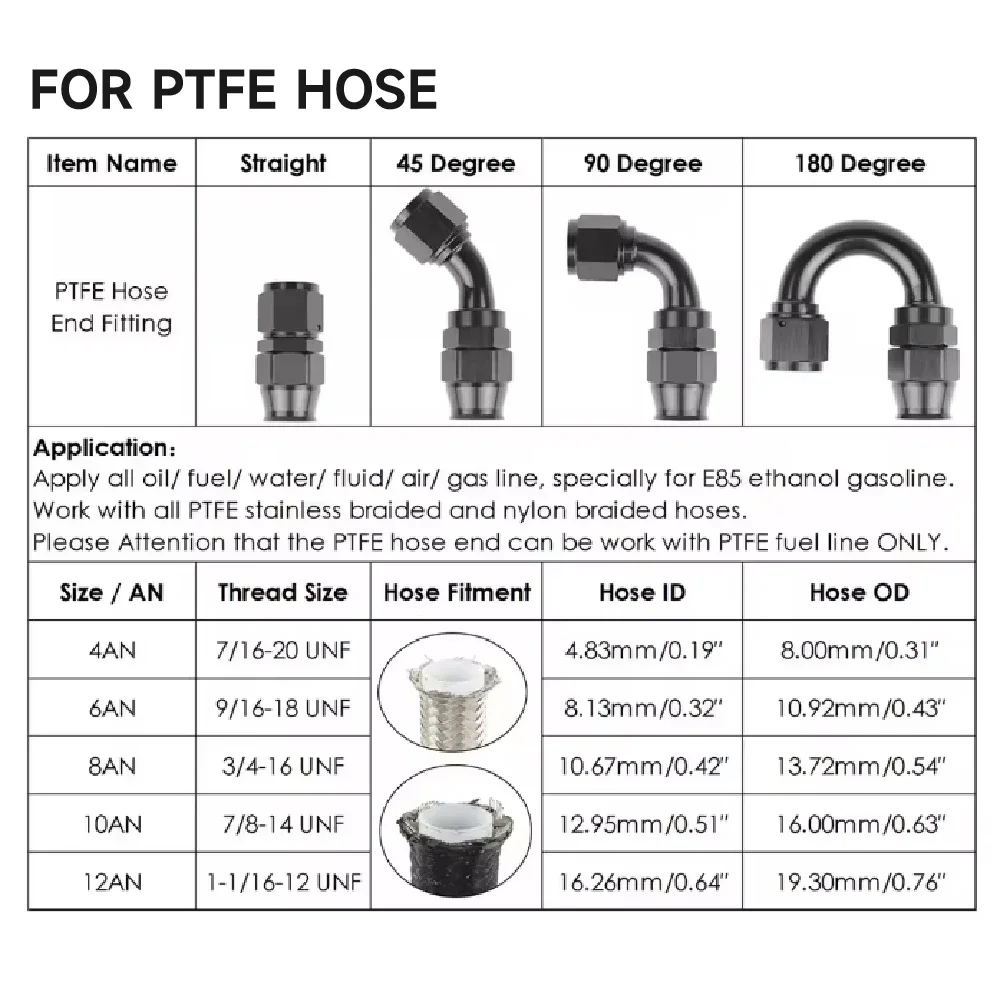 AN4/6/8/10 مستقيم 0 ° /45 ° /90 ° /180 °   درجة PTFE زيت الوقود قطب خرطوم نهاية تركيب خرطوم الزيت نهاية محول كيت أسود