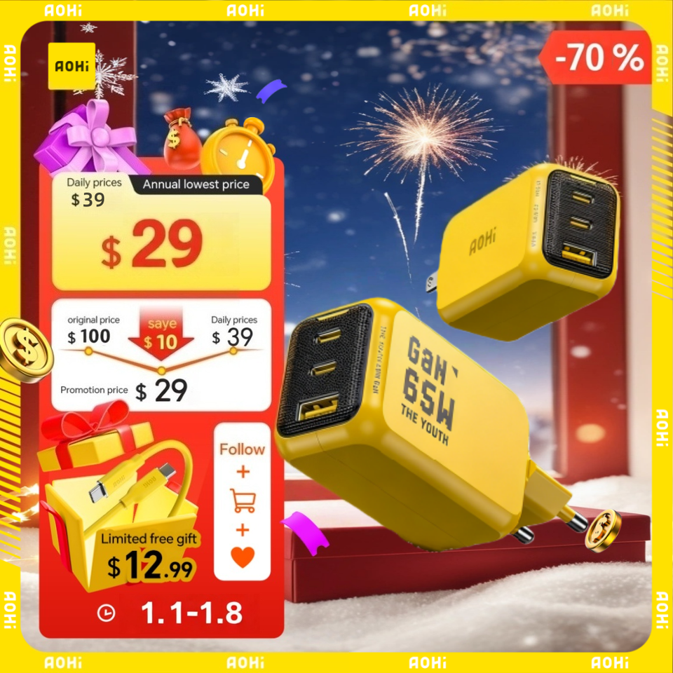  AOHI THE YOUTH  65W GaN Charger Type C PD Charger 3-Port USB Charger with QC4.0 Portable Fast Charger For iPhone / Laptop / Tablet 