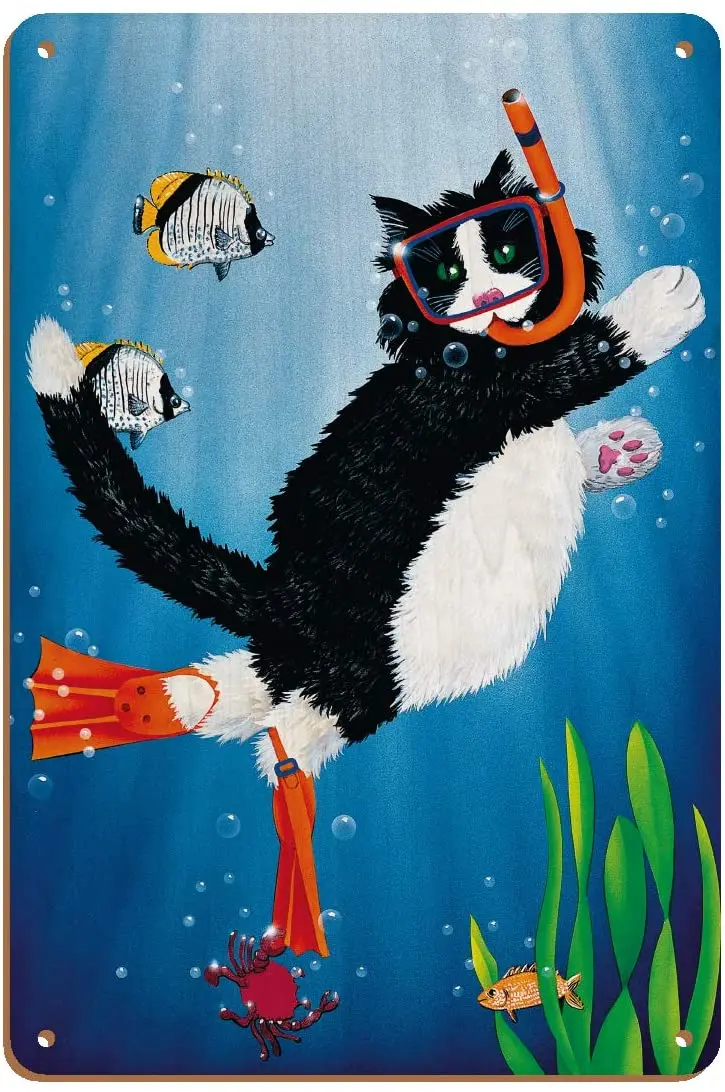 Snorkel Kitty - Underwater Snorkeling Cat - from an Original Color Painting by Peter Powell - 8in x 12in Vintage Wood Art S sign