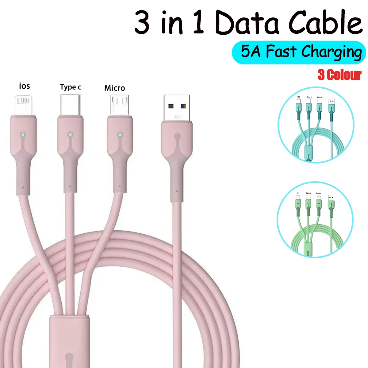 3 In 1 Mobile Phone Super Fast Charging USB Type-C Micro Usb Charging Cable for IPhone Xiaomi Samsung Huawei Fast Charger Cable