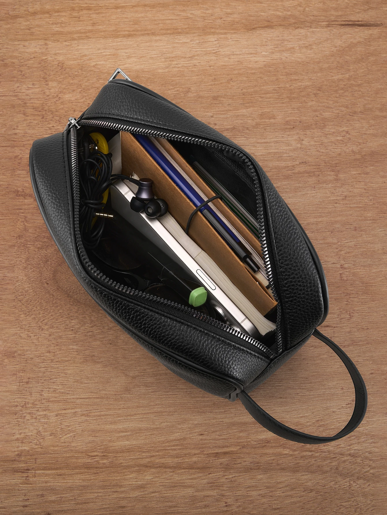 ​ ​ กระเป๋าจัดระเบียบหนัง PU พื้นผิวของผู้ชาย - กระเป๋าถือซิปคู่พร้อมสายรัดที่ถอดออกได้เหมาะกับโทรศัพท์และสิ่งจําเป็น