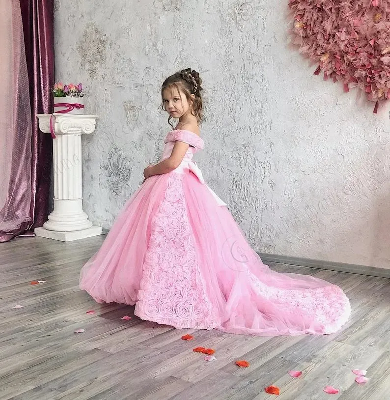 Cute Blush Pink Flower Girl Dress For Wedding Bow Belt Lovely  Flowers Princess Party Luxury Birthday Evening First Communion