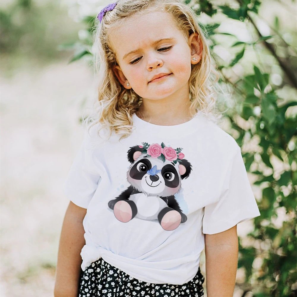 Camiseta con estampado de Panda y flores para niños, ropa de manga corta para niño y niña, traje de verano para niño, Tops informales, ropa bonita para niños