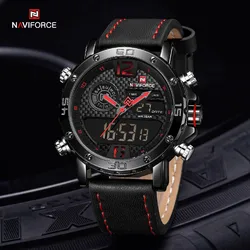 NAVIFORCE Digital Sports Watches for Men Leather Fashion Military Waterproof Clock Luxury Brand Quartz Wristwatches Male 9134