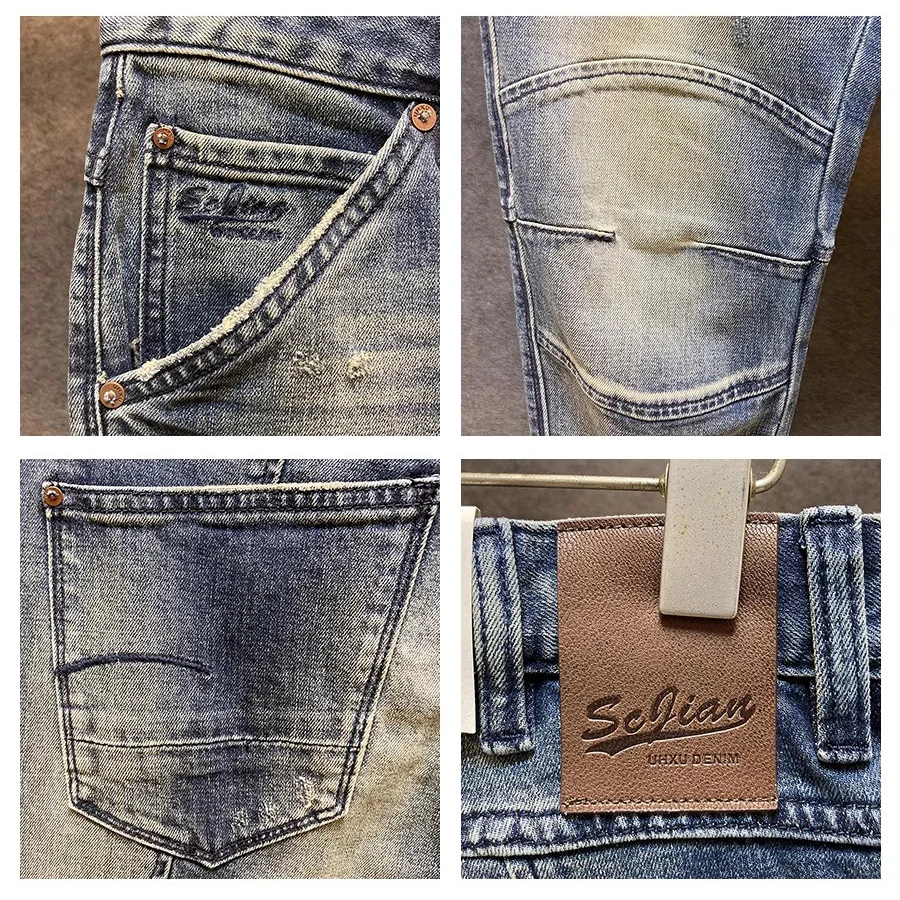 Street Designer Fashion Men Jeans High Quality Retro Blue Stretch Slim Fit Spliced Biker Jeans Men Patched Hip Hop Denim Pants