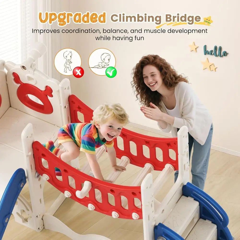 10 in 1 유아 놀이 세트: 미끄럼틀, 미술판, 골프, 농구, 수납함, 1-3세용, 실내 및 실외 사용 가능 (블루/레드)