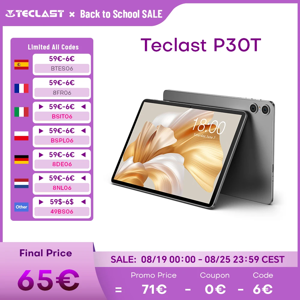 Teclast P30T, 10.1'' IPS TDDI Android 14 Tablet A523 Octa Core (4GB+6GB)Max.10GB RAM 128GB ROM 1280X800 6000mAh 5MP Wifi 6