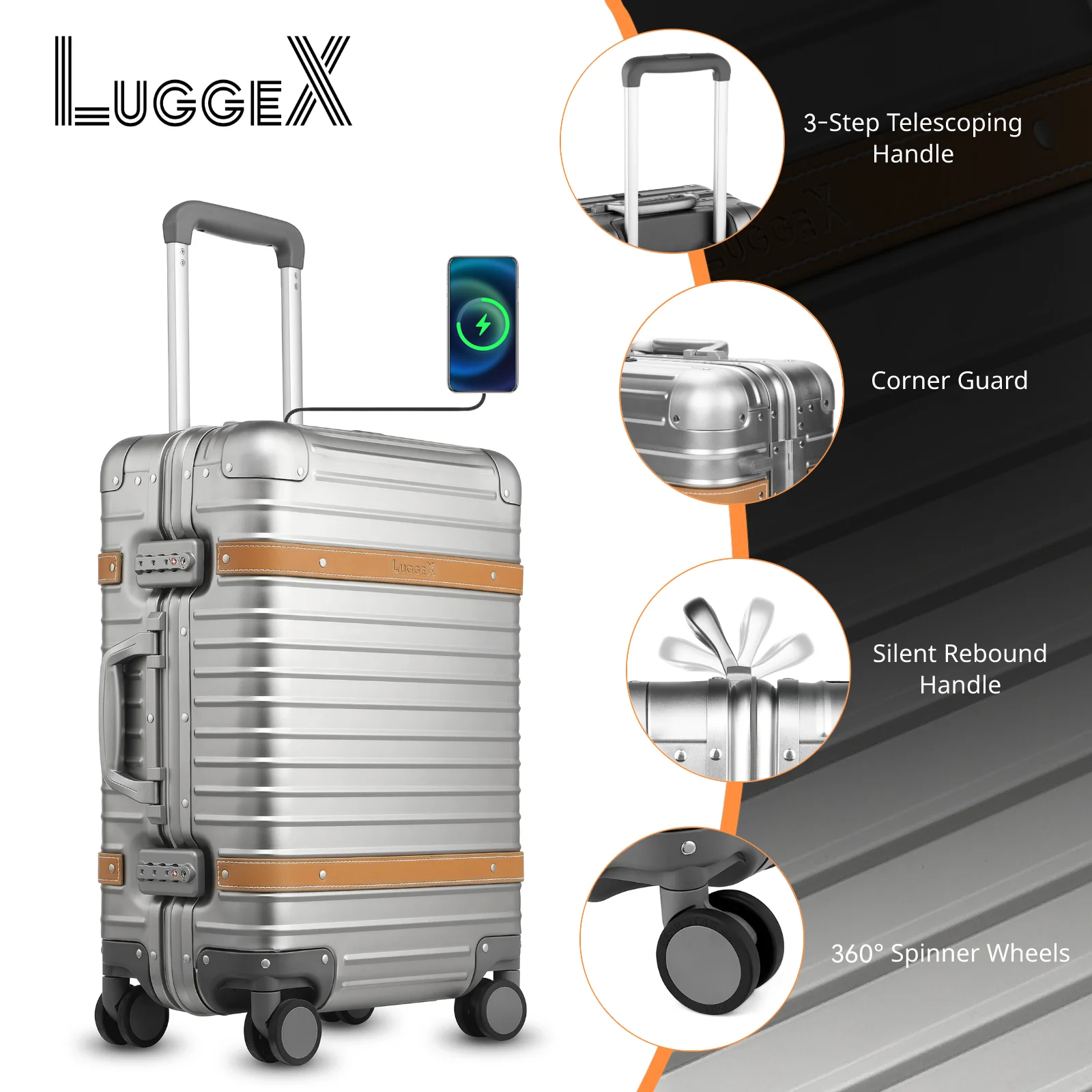 LUGGEX Equipaje de mano totalmente de aluminio con puerto USB - Equipaje rígido sin cremallera con ruedas - Retro Meet Tech Travel