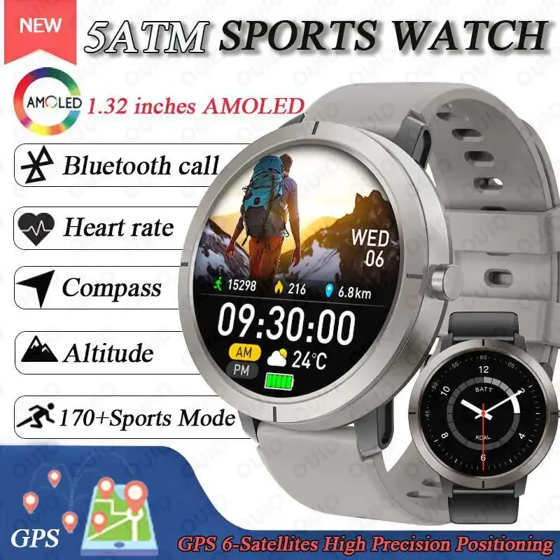 New GPS Positioning Smart Watch 1.32AMOLED 5ATM Waterproof Women Health Bluetooth Call 360mAh Compass 170+Sports Mode SmartWatch