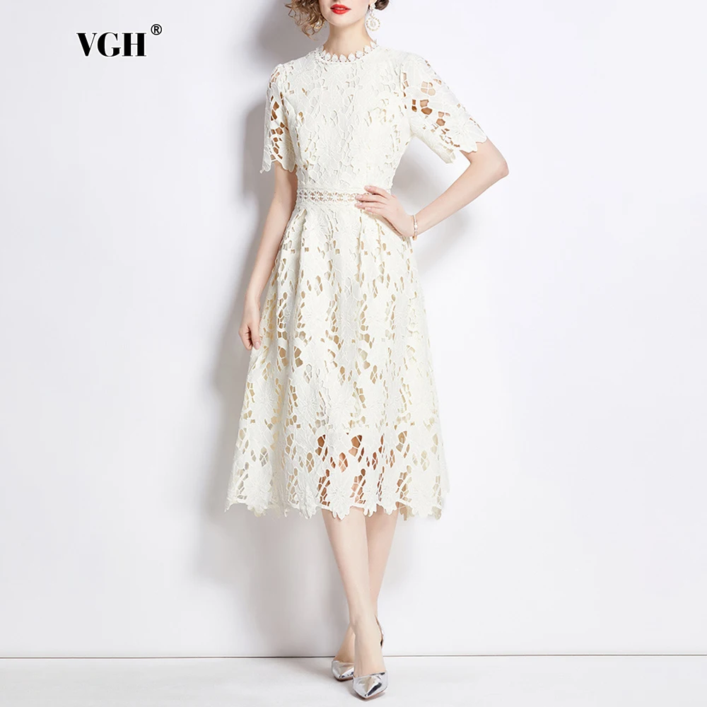 

VGH Luxury Hollow Out Lace Dress For Women O Neck Short Sleeve High Waist Spliced Zipper Elegant A Line Midi Dresses Female New