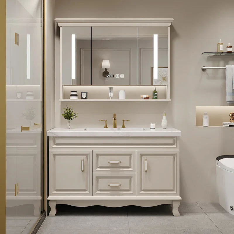 American bathroom cabinet combination oak cream wind bathroom rock slab washstand seamless hand washbasin floor cabinet