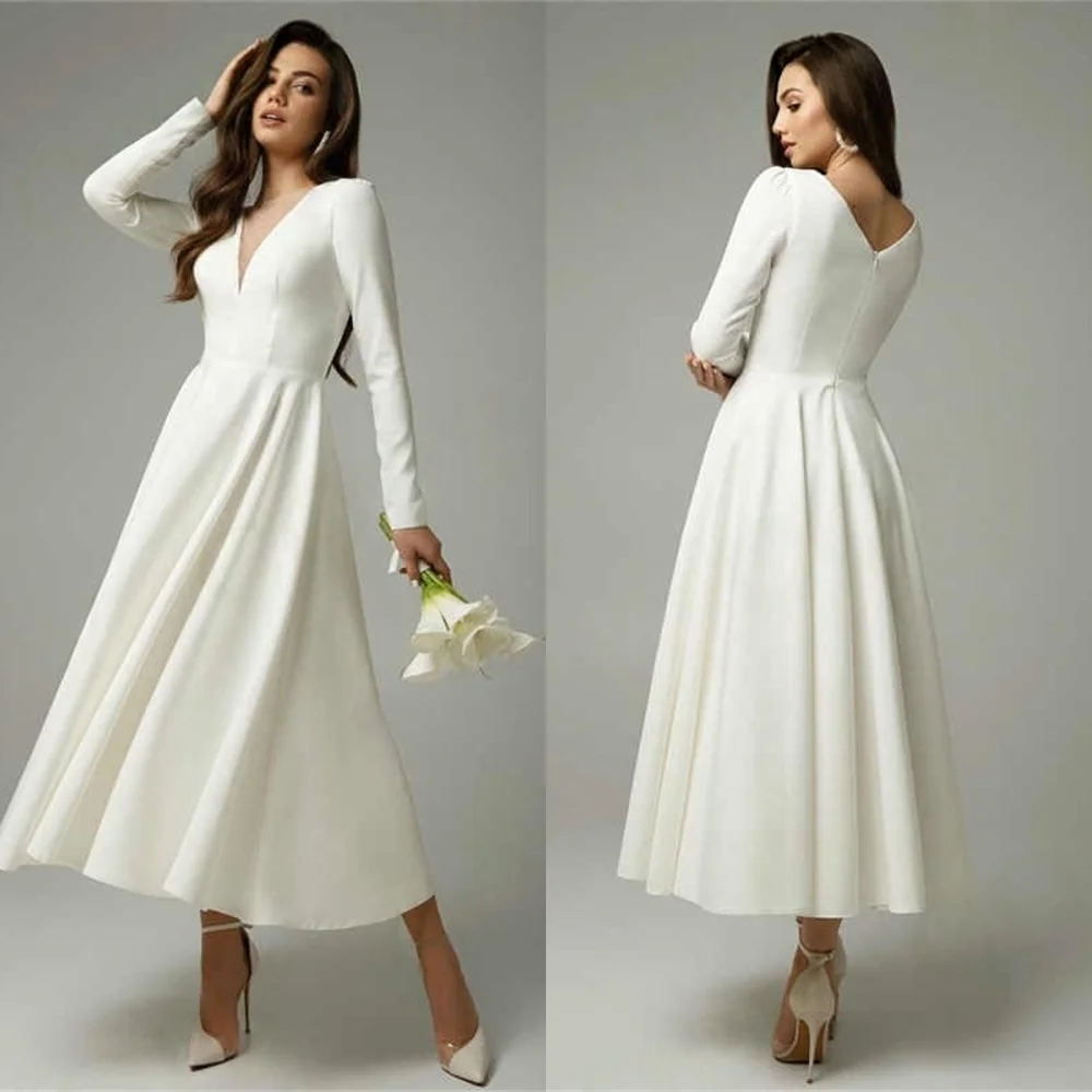 

Customized White Jersey Bridal Gowns Temperament V-neck Long Sleeves Ruched Wedding Dresses Court Train Zipper Back Dress