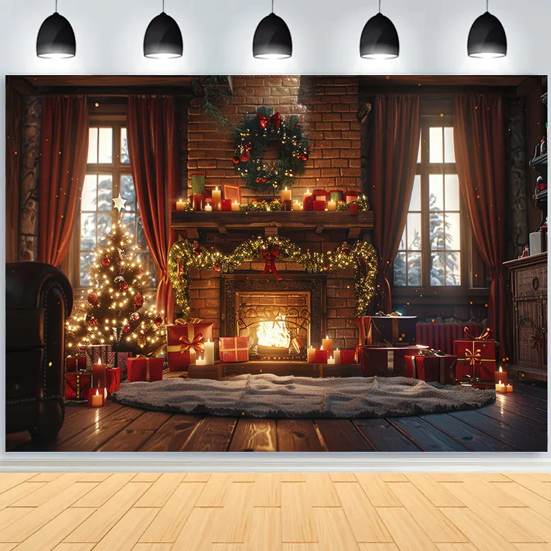 Living Room Decorated With Christmas Tree Photography Backdrops Props New Year Holiday Fireplace Indoor Party Background JS-08