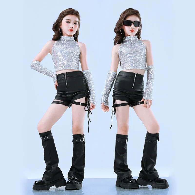

Kid Kpop Hip Hop Clothing Silver Sequined Halter Crop Tank Top Black Faux Leather Side Tie Shorts for Girl Dance Costume Clothes