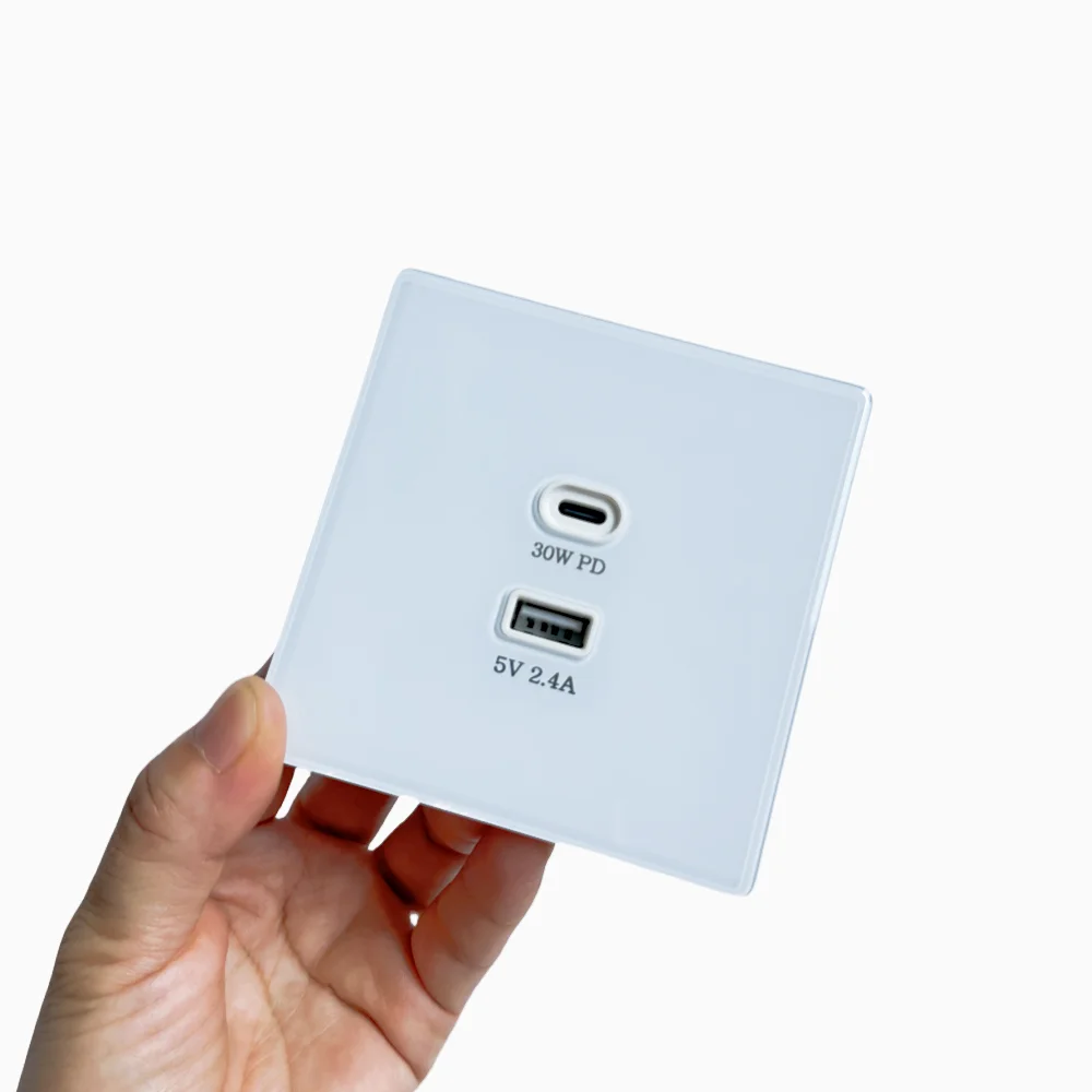 XIALEE Tempered Glass Plate Wall Outlet Gallium Nitride PD 65W / 30W 2 USB Lightning Super FAST Charger