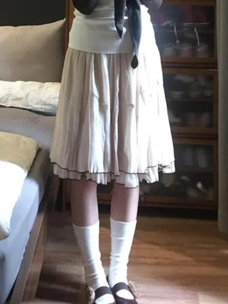 Harajuku Y2K Sweet Retro Lady Midi Skirts Women Khaki Loose Pleated Tiered A-Line Skirt Japanese Casual Chic Coquette Outfits